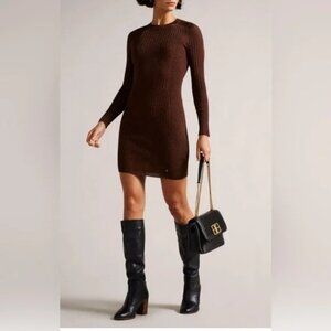 Ted Baker London Nichola Metallic Brown Ribbed Knit Bodycon Mini Dress Size 2